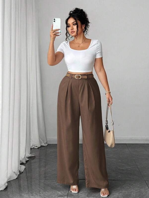 Elenzga Pantalones largos de pierna ancha de negocios casuales elegantes para mujer de talla grande