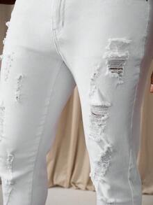 Manfinity Homme 男式紧身破洞拉链及踝牛仔裤 - 白色 - 查看 5