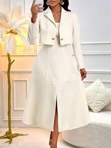 SHEIN Lady 2件套女士西装外套和开衩褶皱紧身吊带连衣裙 - 白色 - 查看 6