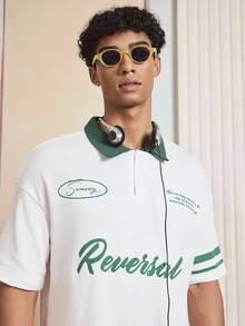 SWAVVY 男士标语印花休闲宽松短袖 Polo 衫 - 白色 - 查看 5