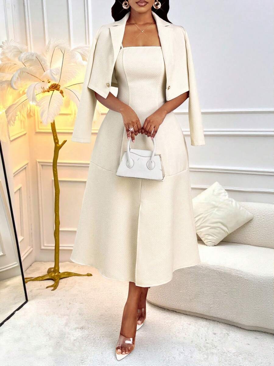 SHEIN Lady 2件套女士西装外套和开衩褶皱紧身吊带连衣裙 - 白色 - 查看 1