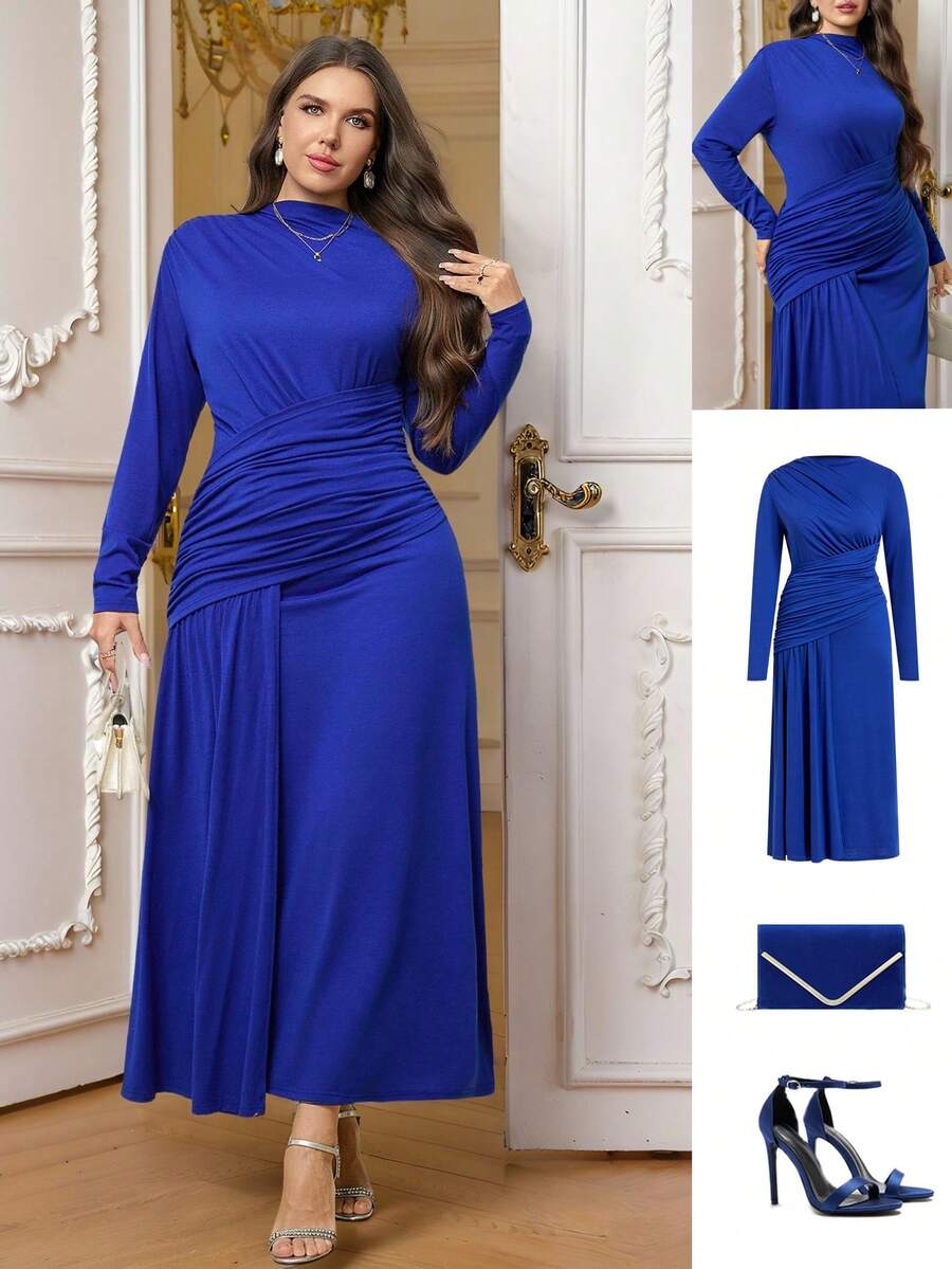 Ellevyn Women's Curvy Plus Size Royal Blue Dress,Long Sleeve Elegant Formal Pleated Ruched Knit Dress For Winter Wedding Guest,Party,Date Night Outfit,2025