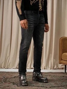 Manfinity Homme Men's Slim Fit Black & Grey Denim Jeans, All Season Unisex Frayed For Slim-Fit Halloween All Saints' Day
