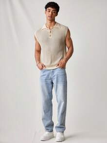 SWAVVY Men's Solid Color Simple Daily Knitted Sleeveless Vest, For Fall Winter - Beige - View 3