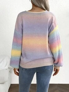 SHEIN Asymmetrical Rainbow Ombre V-Neck Sweater, Mohair Maternity Knit Pullover For Autumn/Winter