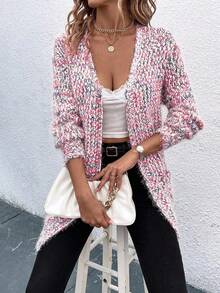 SHEIN LUNE 女式秋季印花落肩长袖双口袋休闲针织开衫 - 紅色 - 查看 7