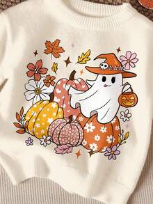 Jeune fille abricot chaud, citrouille d'Halloween mignonne, fantôme, saison effrayante, Mademoiselle Bootiful, jeune fille pull col rond manches longues minimaliste décontracté, convient pour l'automne/l'hiver, automne, confort facile, couches d'automne, bébé et style, tenue décontractée, bébé et graphique d'Halloween, ambiance d'automne, ambiance d'automne ! - Multicolore - Voir 4