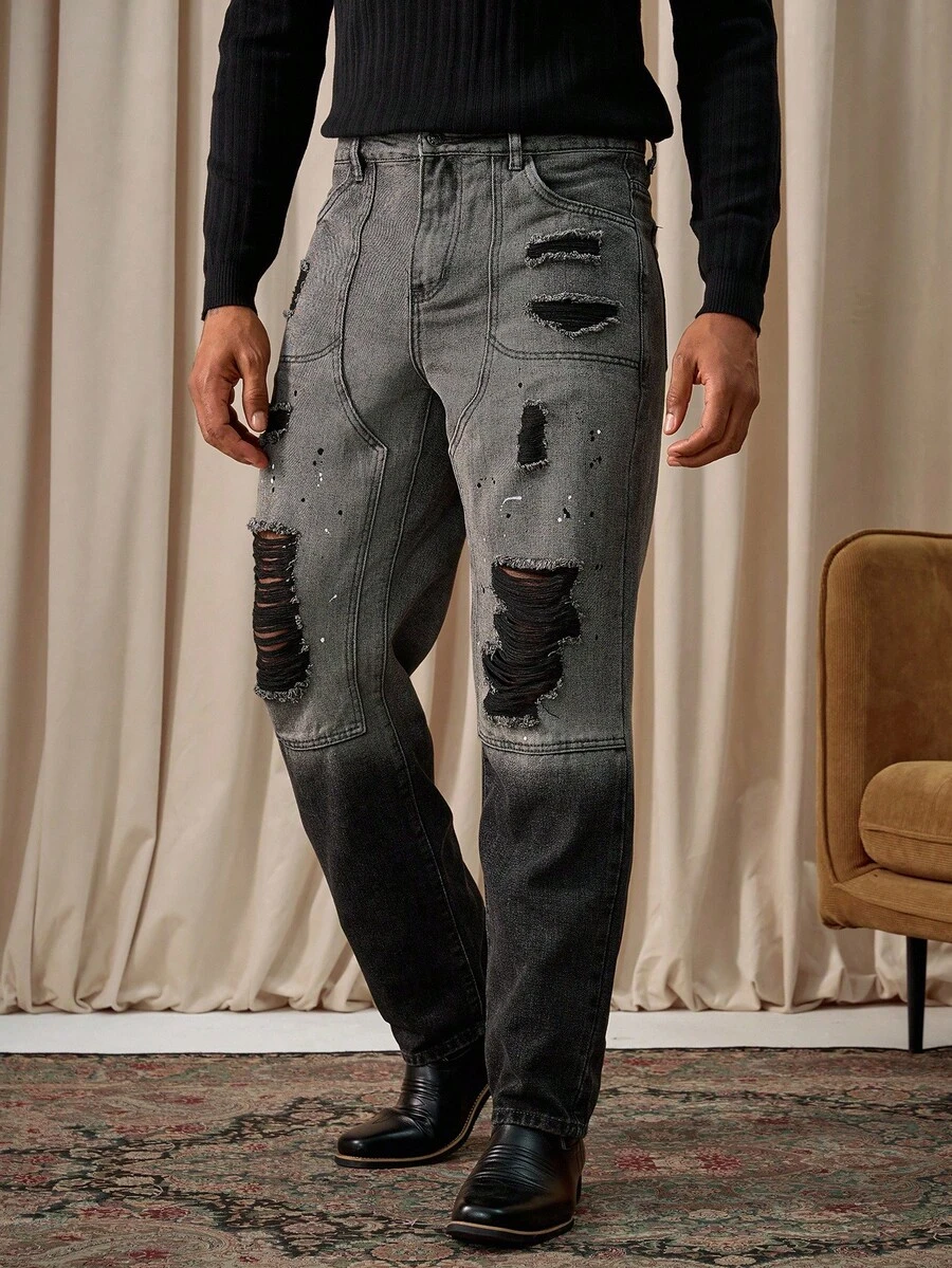 Manfinity Homme Men's Splatter Paint Distressed Patchwork Slim Fit Relaxed Denim Jeans Punk Acid Washed For Slim-Fit Halloween All Saints' Day - Grey - View 1