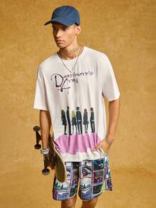 HARRY POTTER X SHEIN 男士字母及卡通人物图案短袖T恤和短裤套装 - 杏色 - 查看 6