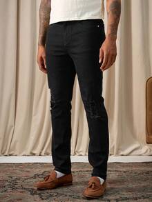 Manfinity Homme Men's Pocket Distressed Skinny Casual Jeans Boyfriend & Husband Minimalist Stretch Black For Slim Fit Going Out Halloween All Saints' Day - Black - View 1