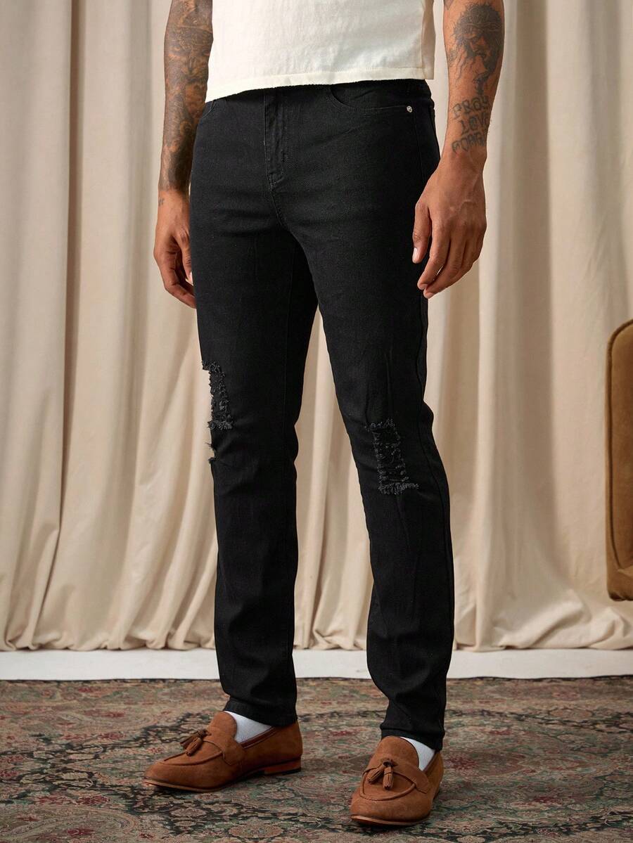 Manfinity Homme Men's Pocket Distressed Skinny Casual Jeans Boyfriend & Husband Minimalist Stretch Black For Slim Fit Going Out Halloween All Saints' Day - Black - View 1