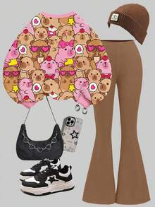 SHEIN Leap Crew Cute & Fun Capybara Cartoon Animal Print, Pink & Mauve Color Scheme, Tween Girls Casual Thick Soft Oversized Crew Neck Sweatshirt And Flare Leg Pants Set, Suitable For Autumn/Winter, Autumn Outfits For, Easy Comfort, Autumn Layers For Kids, Stylish Girls, Casual Wear, Kids Graphic Clothes, Back To School, Fall Clothes, Homecoming, Suitable For Outdoor Picnic, Street Style, Home, Campus - Multicolor - View 2