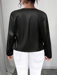 Elenzga 大码纯色前拉链长袖休闲夹克 - 黑色 - 查看 2