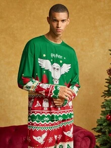 HARRY POTTER X SHEIN Men's Christmas Cartoon Owl Print Long Sleeve Top And Pants Loungewear Set, Spring/Autumn, Fall Winter Clothes - Green - View 4