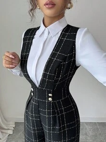 Elenzga 女式黑色羊毛面料格子连体裤，带金线，深 V 领，腰部收紧，高腰，金属珍珠纽扣装饰，优雅休闲复古教师风格，适合感恩节、万圣节、秋冬季，百搭宽松阔腿背带裤连体裤 - 黑色 - 查看 4