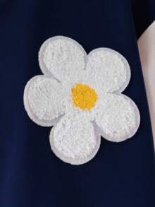 SHEIN 女童休闲彩色3D花卉撞色棒球夹克，春秋季 - 藍色 - 查看 7