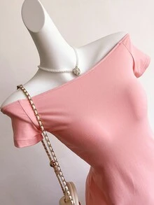 SHEIN Sweetra Young Vestido midi de punto de color liso con hombros descubiertos, ajuste ceñido y abertura lateral, vestido casual versátil para uso diario para adolescentes - Rosa - Ver 3