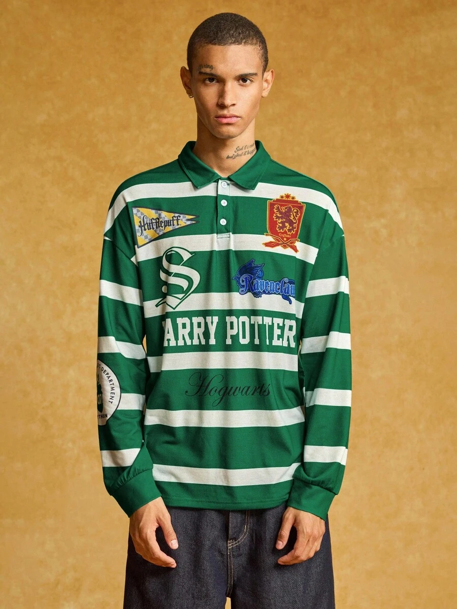 HARRY POTTER X SHEIN Men's Casual Striped Letter Graphic Polo Shirt, Autumn - Green - View 1