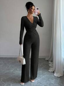 Gloray 2 件套女士优雅 V 领长袖系带上衣和高腰阔腿裤，休闲秋冬装 - 黑色 - 查看 5