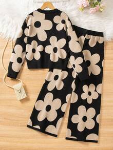 Sparklyn Bộ 2 món áo len dệt kim Jacquard và quần legging cho bé gái, họa tiết thời trang, tay dài, thu/đông - màu đen - Xem 2