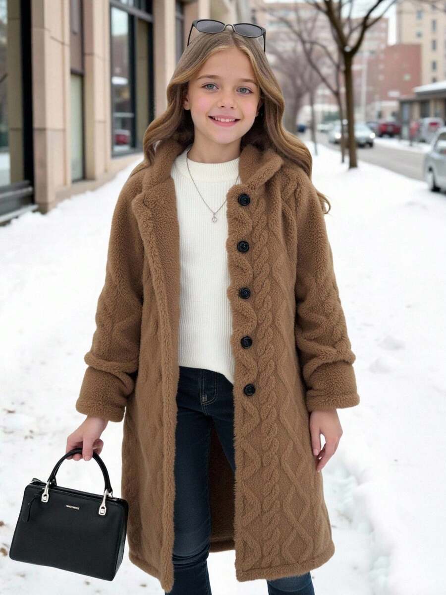 SHEIN 青少年女孩休闲宽松单排扣连帽蓬松夹克，长袖