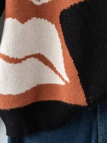 EMERY ROSE Fashionable Loose Asymmetrical Geometric Pattern Crew Neck Sweater - Multicolor - View 5