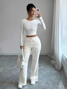 INAWLY Casual New Elastic Fabric Polka Dot High Waist Drawstring Slimming Side Pocket Flare Pants Fall Cloth For Women - Apricot - View 6