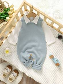SHEIN Green Baby Romper | Vest Jumpsuit, Casual Minimalist Daily Style, Soft & Comfortable Bodysuit For Crawling Infants Fall Winter - Blue - View 3