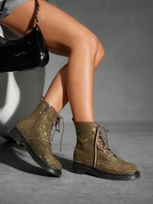 CUCCOO SZL Women's Round Toe Thick Sole Fashionable British Style Emerald Green Rhinestone Embellished Luxury Personalized Boots, Motorcycle Ankle Boots