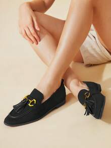 CUCCOO BASICS CUCCOO Fashion Horse Bit Buckle Tassel Flat Loafers - Black - View 5