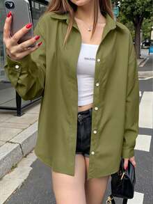 Franclia Women's Casual Loose Solid Color Long Sleeve Shirt - Army Green - View 4