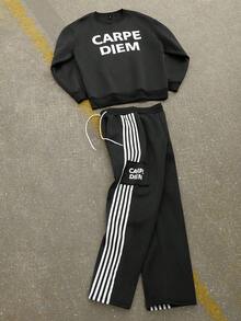 Manfinity EMRG 男士撞色字母印花套头衫和侧条纹抽绳腰裤套装，秋季服装 - 黑色 - 查看 3