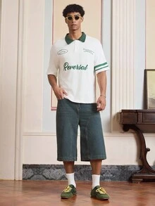 SWAVVY 男士标语印花休闲宽松短袖 Polo 衫 - 白色 - 查看 6