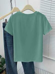 INAWLY Áo thun nữ cổ tròn tay ngắn thêu hình ma, dáng rộng, mùa hè - màu xanh lá - Xem 2