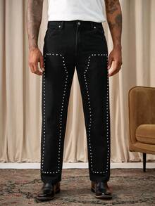 Manfinity Homme Spring/Summer Casual Street Style Black Straight Leg Studded Knee Jeans Boyfriend & Husband Washed For Straight Leg Halloween All Saints' Day - Black - View 6