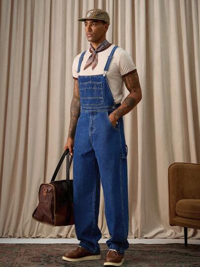 RivetRise Men's Casual Cargo Denim Bib Overalls With Multiple Pockets, Streetwear Style Men Overall Jean Business Casual Regular Washed Blue For Slim-Fit