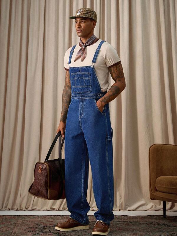 RivetRise Men's Casual Cargo Denim Bib Overalls With Multiple Pockets, Streetwear Style Men Overall Jean Business Casual Regular Washed Blue For Slim-Fit
