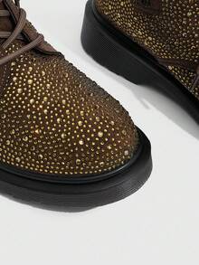 CUCCOO SZL Women's Round Toe Thick Sole Fashionable British Style Emerald Green Rhinestone Embellished Luxury Personalized Boots, Motorcycle Ankle Boots