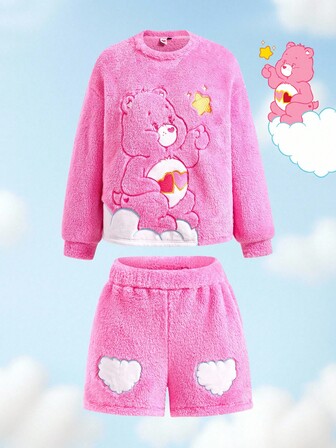 SHEIN X Care Bears 女士卡通刺绣长袖上衣和短裤睡衣套装，秋季服装