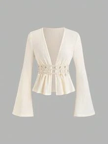 Sweetra 女式杏色休闲轻薄纹理贝壳装饰深V领修身荷叶边下摆喇叭袖衬衫 - 杏色 - 查看 1