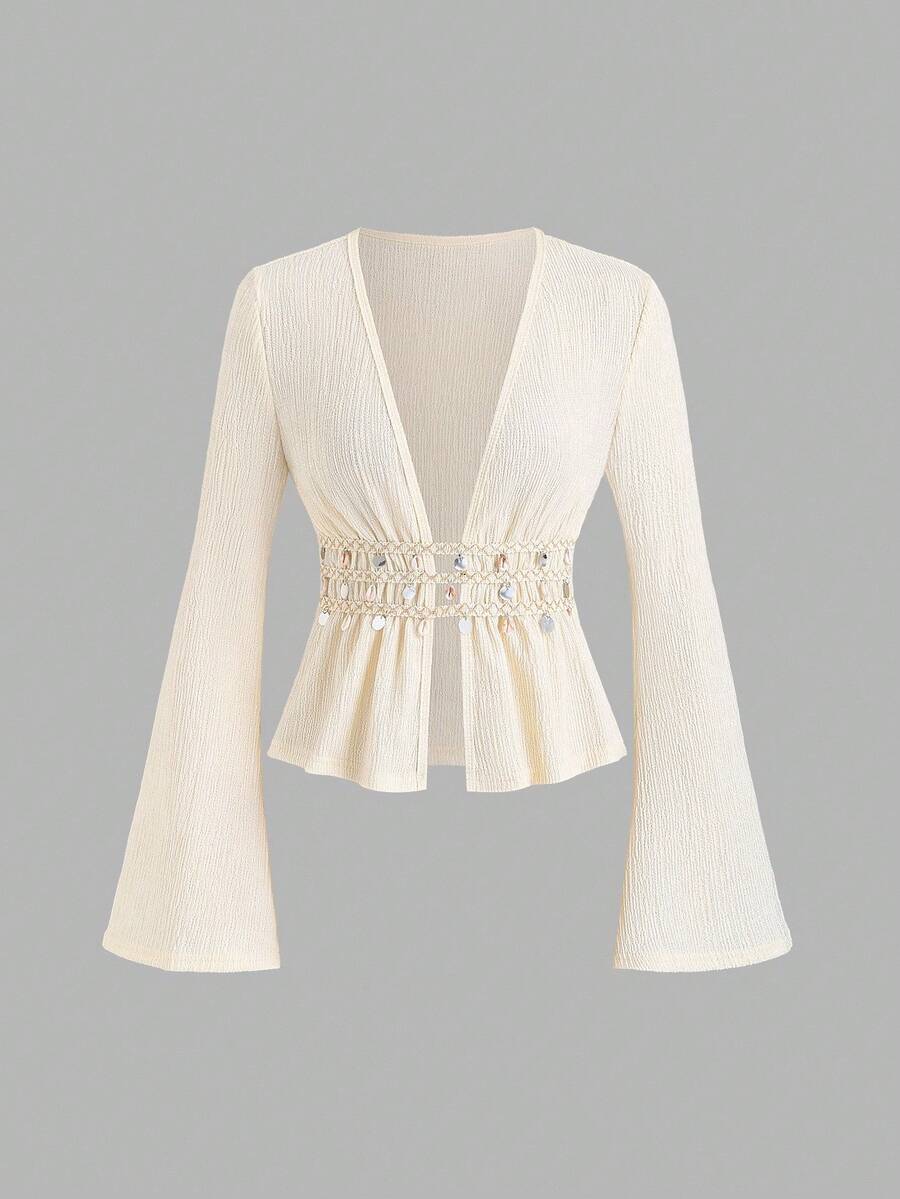 Sweetra Women's Apricot Casual Lightweight Textured Shell Decor Deep V-Neck Fitted Ruffle Hem Flare Sleeve Blouse - Apricot - View 1