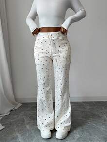 INAWLY Casual New Elastic Fabric Polka Dot High Waist Drawstring Slimming Side Pocket Flare Pants Fall Cloth For Women - Apricot - View 3