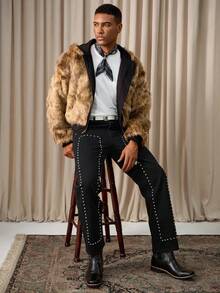 Manfinity Homme Spring/Summer Casual Street Style Black Straight Leg Studded Knee Jeans Boyfriend & Husband Washed For Straight Leg Halloween All Saints' Day - Black - View 7