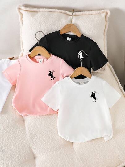 3件装 女童休闲圆领短袖T恤，小马印花，夏季