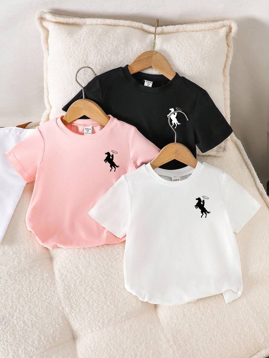 3件装 女童休闲圆领短袖T恤，小马印花，夏季 - 彩色 - 查看 1