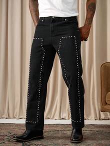 Manfinity Homme Spring/Summer Casual Street Style Black Straight Leg Studded Knee Jeans Boyfriend & Husband Washed For Straight Leg Halloween All Saints' Day - Black - View 1