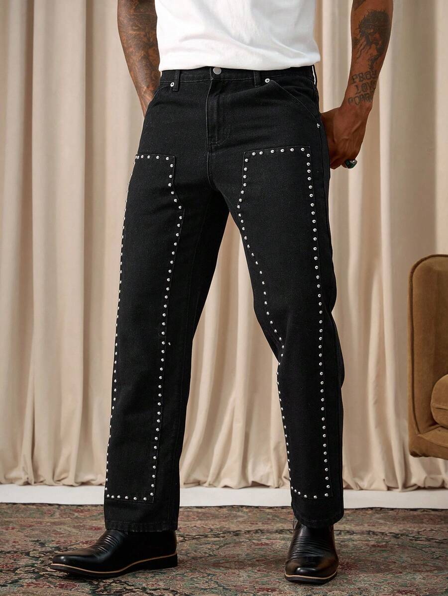 Manfinity Homme Spring/Summer Casual Street Style Black Straight Leg Studded Knee Jeans Boyfriend & Husband Washed For Straight Leg Halloween All Saints' Day - Black - View 1