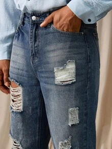 Manfinity Homme Blugi bărbătești albaștri, cu croială largă, stil streetwear, stil cowboy western, stil vintage, spălați, pentru ieșiri cu picior drept