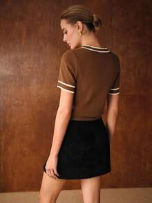 MOTF PREMIUM 撞色饰边短袖针织上衣 - 咖啡棕 - 查看 3