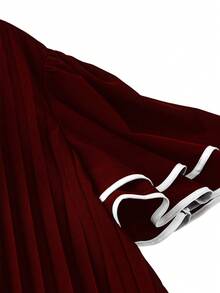 GlowEve CURVE Plus Size Women Fashion Casual Pleated Color Block Trim Dress - Burgundy - View 5